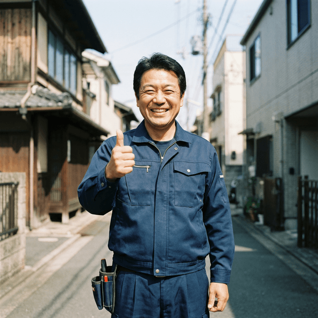 代表またはスタッフが電話を片手に微笑んでいる写真