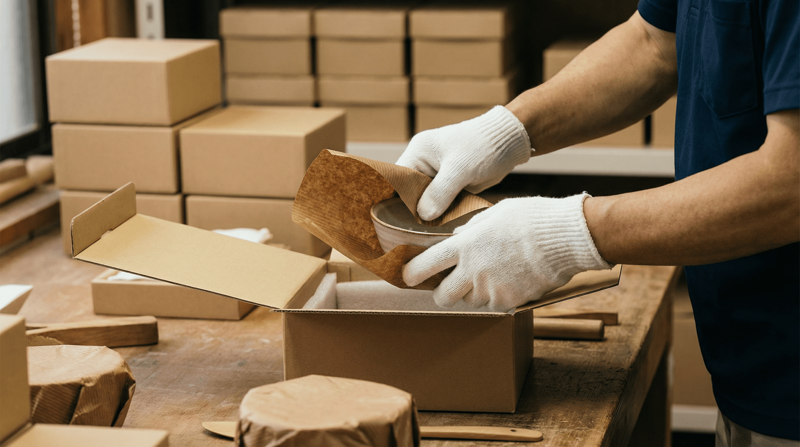 作業中の真剣な表情の手元アップ(丁寧に梱包、または草を刈っている様子)